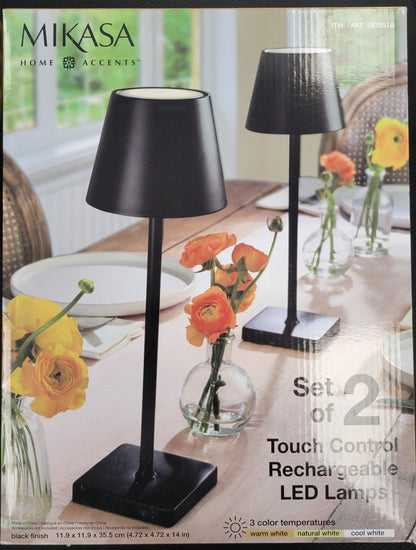 Mikasa Home Accents Set of 2 Touch Control Rechargeable LED Lamps - Black, New!