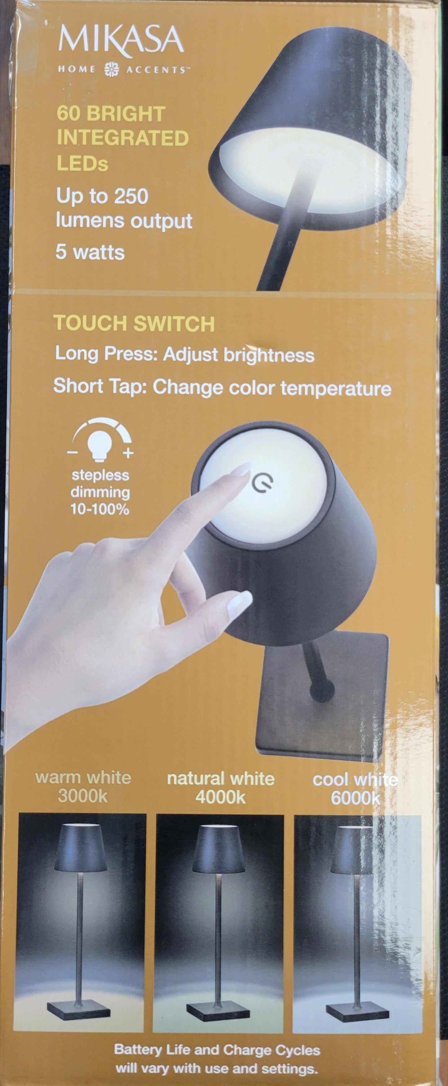 Mikasa Home Accents Set of 2 Touch Control Rechargeable LED Lamps - Black, New!