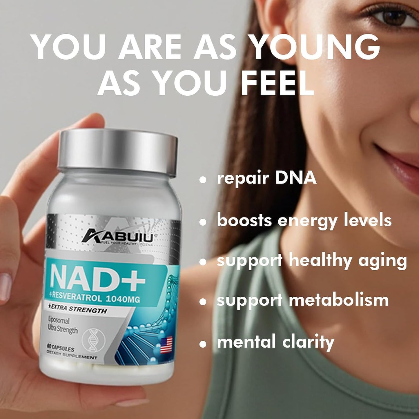 Abuiu NAD+ Resveratrol Supplement for Women/Men (2 Pack x 60 Capsules = 120 Caps total - Sealed)