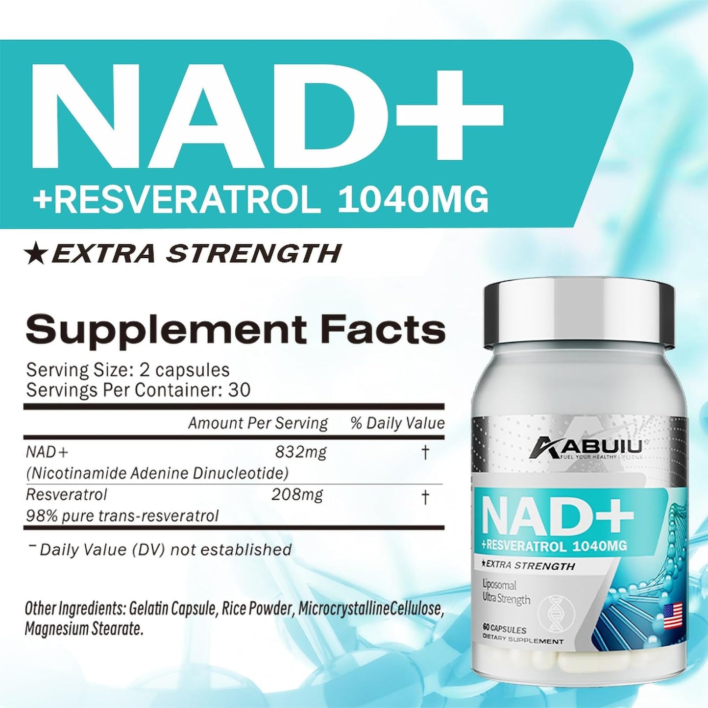 Abuiu NAD+ Resveratrol Supplement for Women/Men (2 Pack x 60 Capsules = 120 Caps total - Sealed)