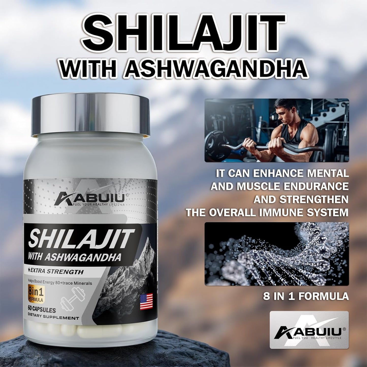 Abuiu Shilajit, Men/Women, Pure HimalayanShilajit  w/ Ashwagandha (2 Pack, 120 Caps) New Sealed