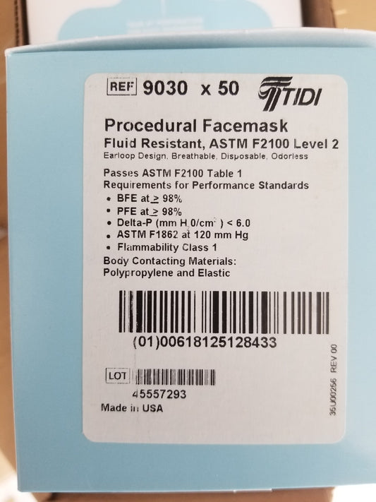 TIDI Shield Fluid-Resistant Procedural Facemask - Blue, Level 2, (50 Ct. Box)
