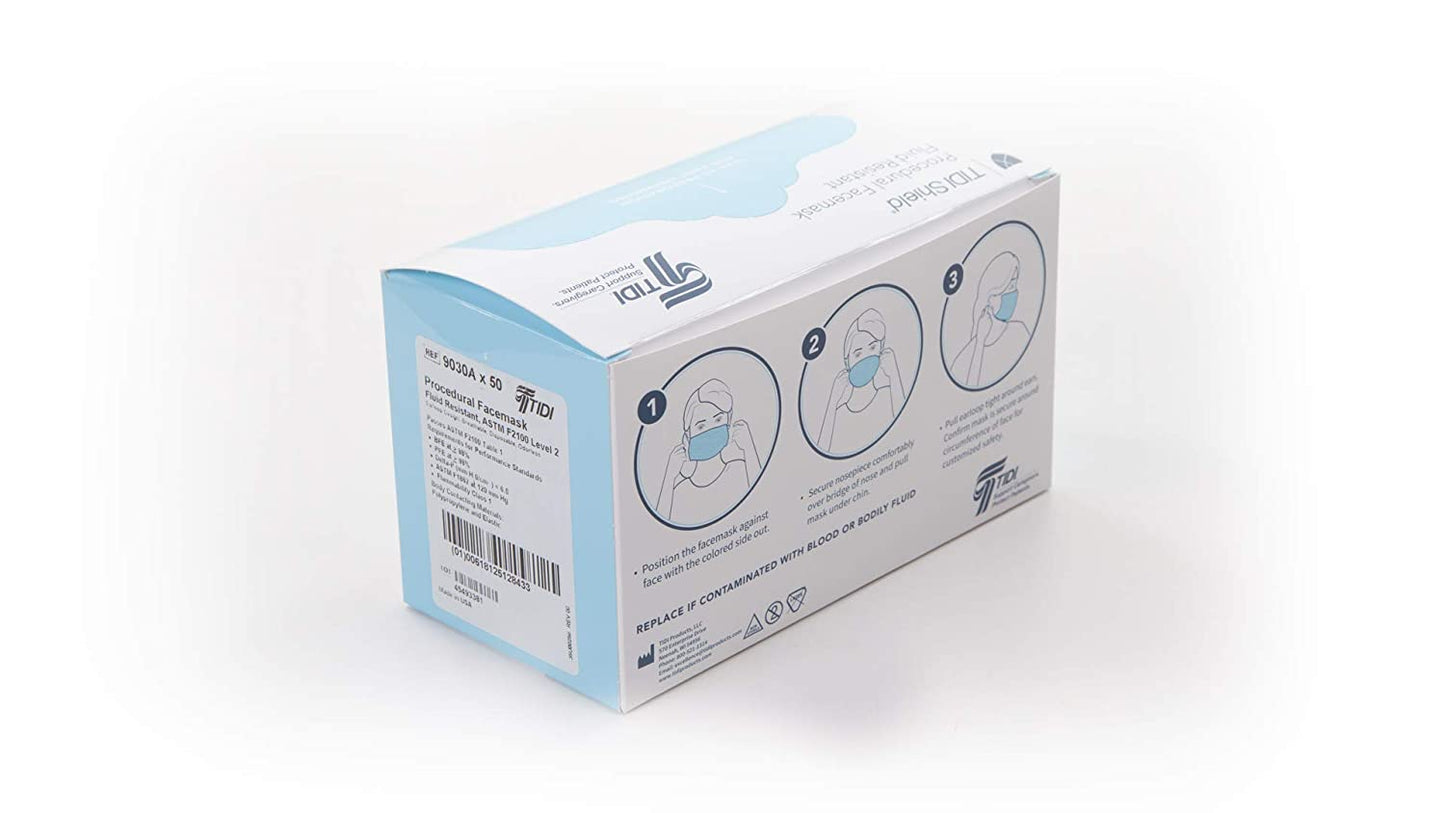 TIDI Shield Fluid-Resistant Procedural Facemask - Blue, Level 2, (50 Ct. Box)