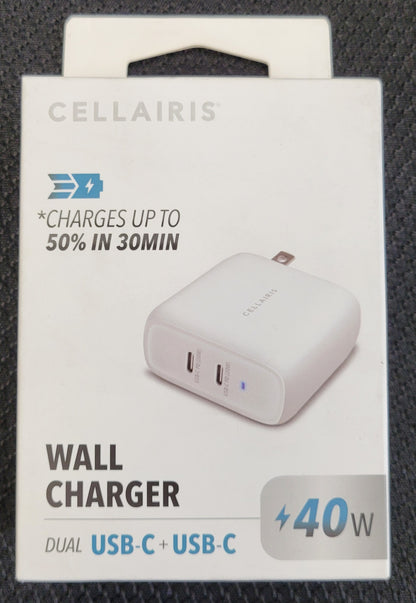 Cellairis Dual USB-C + USB-C  40w Wall Charger, 50% in 30 mins - New!