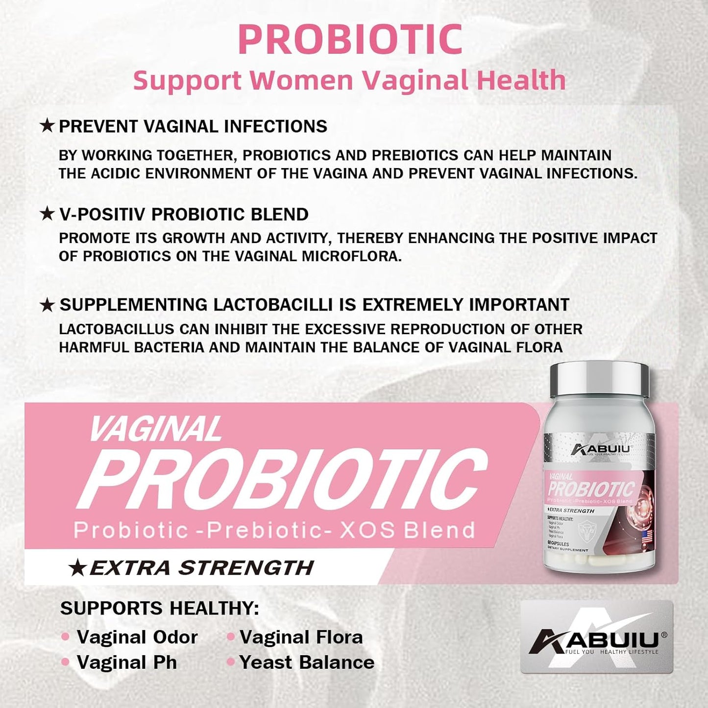 Abuiu Vaginal Probiotic for Women PH Balance (2 packs for a total of 120 Caps - New, Sealed)