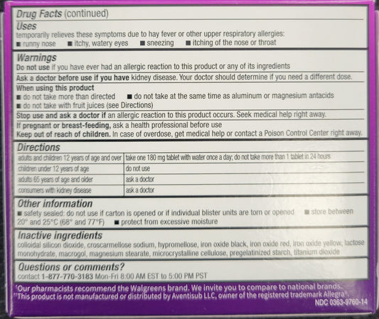 Walgreens Non-Drowsy Allergy Relief (5 Tablets) -  Fexofenadine HCI