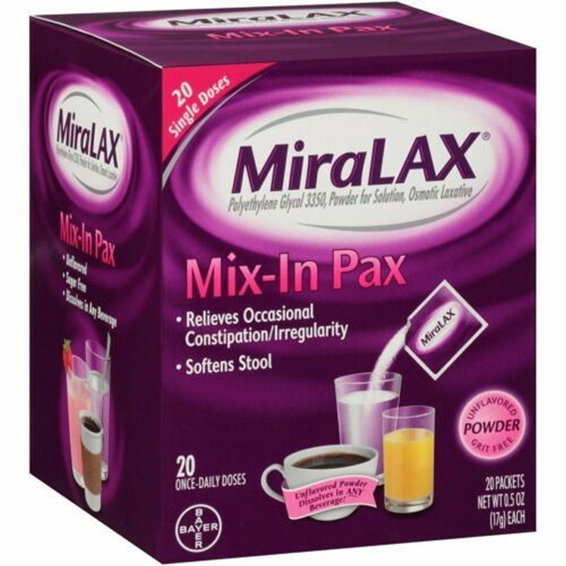 MiraLAX Unflavored Powder Laxative 20 Ct – Fast Constipation Relief, Exp. 8/27