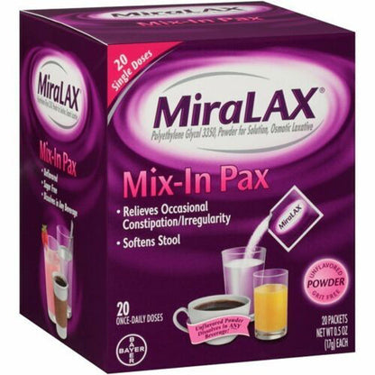 MiraLAX Unflavored Powder Laxative 20 Ct – Fast Constipation Relief, Exp. 8/27