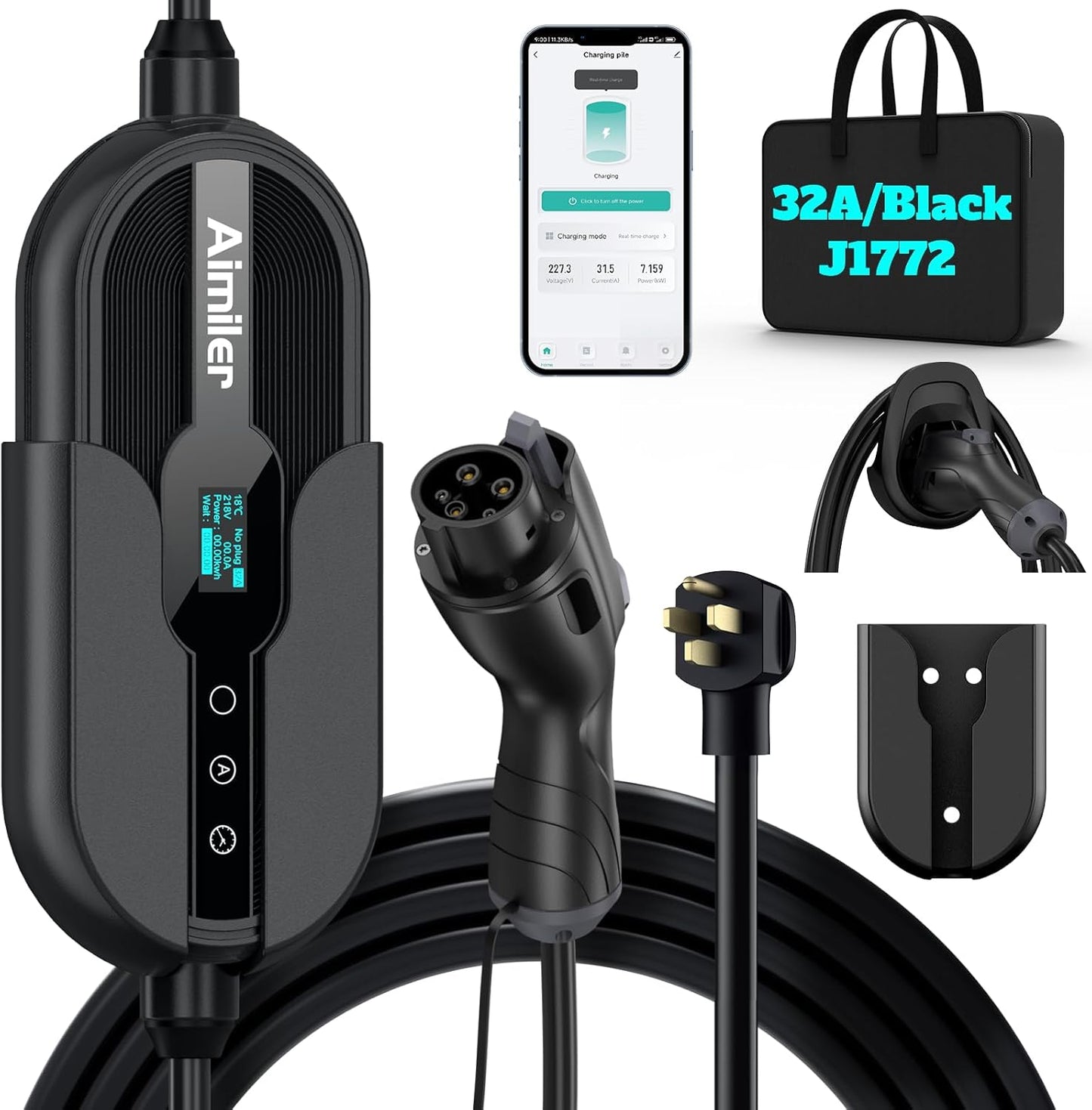 Aimiler Level 2 Portable AC EV Charger Model ZA05-U007KBF-F001, SAE J1772, New!