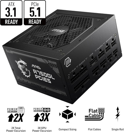 MSI MAG A750GL PCIE5 750W Power Supply | ATX 3.1 | PCIe 5.1 | 80+ Gold, New!