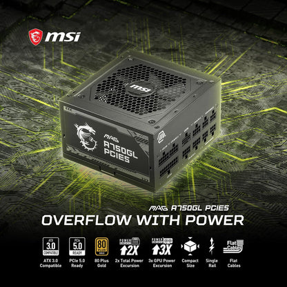 MSI MAG A750GL PCIE5 750W Power Supply | ATX 3.1 | PCIe 5.1 | 80+ Gold, New!