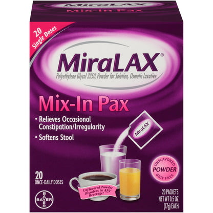 MiraLAX Unflavored Powder Laxative 20 Ct – Fast Constipation Relief, Exp. 8/27