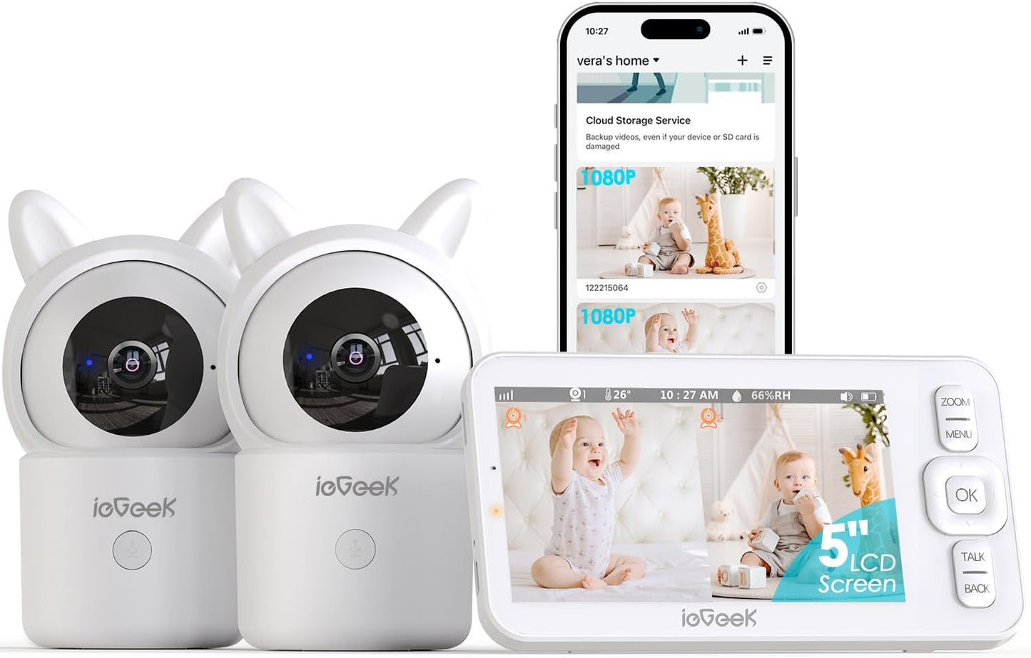 ieGeek Smart Video / Baby Monitor, 2 Cameras, 5" Screen,, New (OB)