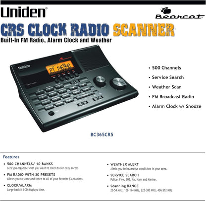 Uniden Bearcat BC365CRS Scanner, 500 Channels, FM Radio, Alarm Clock, New!