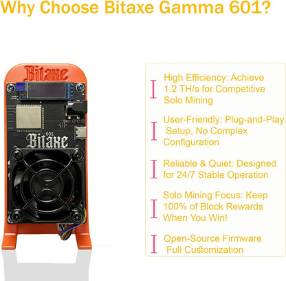 Bitaxe Gamma 601 Bitcoin Miner, 1.2TH/s Solo Miner, Orange, w/ Open-Source, New!