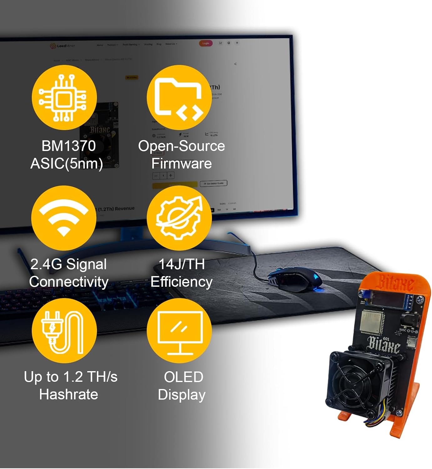 Bitaxe Gamma 601 Bitcoin Miner, 1.2TH/s Solo Miner, Orange, w/ Open-Source, New!