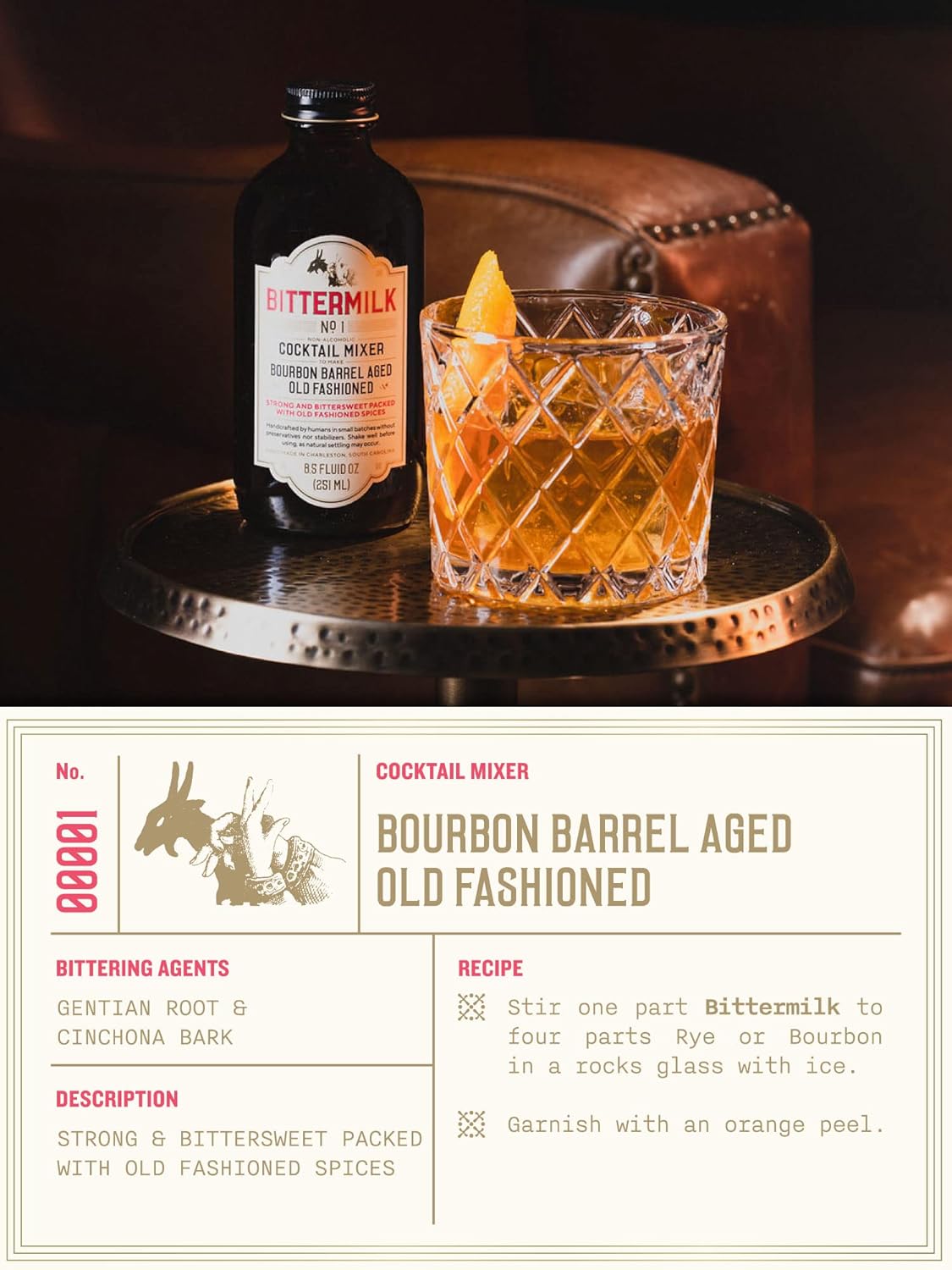 Bittermilk No.1 Bourbon Barrel Aged Old Fashioned Mix, Cocktail Mixer, Exp 7/27