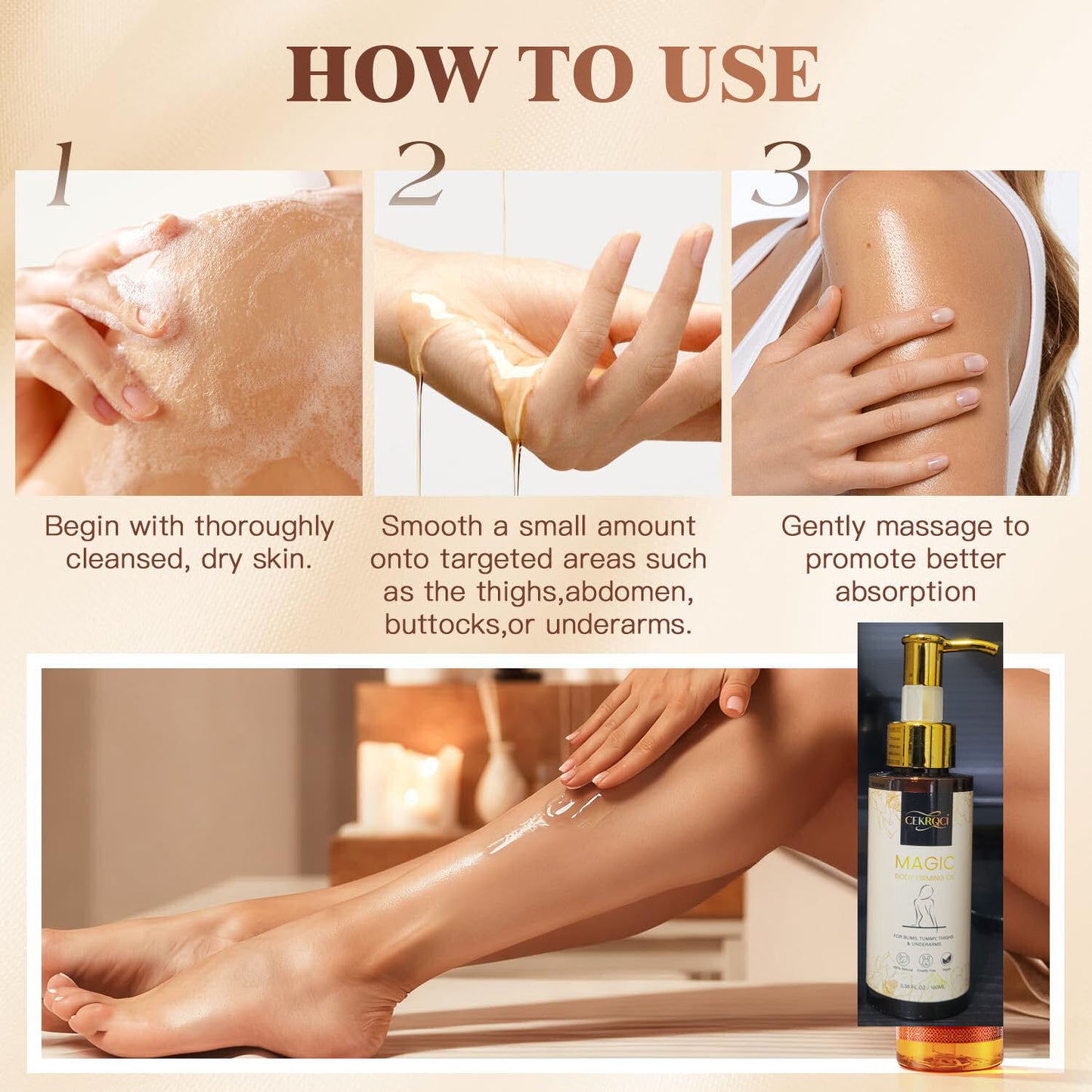 Cekrqci Magic Body Firming Oil, 3.38 fl oz, for Bums, Tummy, etc.. Exp. 5/28