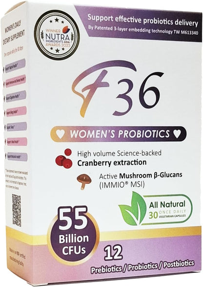 F36 Probiotics for Women, 55 Billion CFU, Mushroom Cranberry, 30 Caps, Exp. 9/26