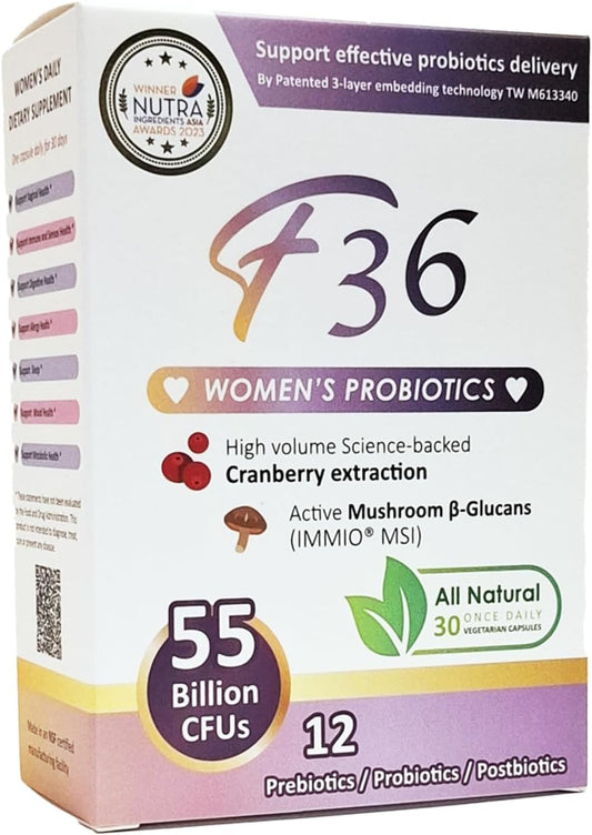 F36 Probiotics for Women, 55 Billion CFU, Mushroom Cranberry, 30 Caps, Exp. 9/26