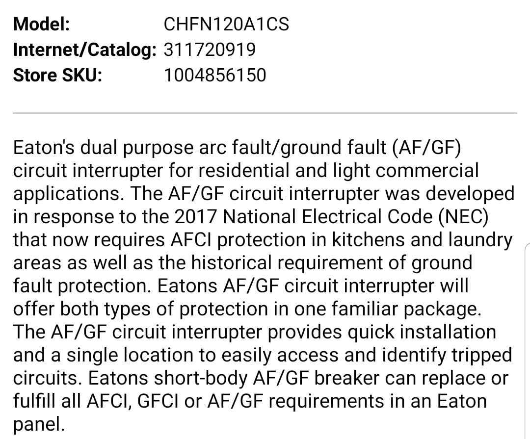 Eaton CHFN120A1CS All-In-one Breaker 20 Amp single pole Breaker AF/GF - New 🔥