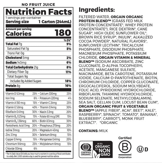 Orgain Kids Protein Shake, Chocolate, Organic, 12 Pack, 8.25 fl oz ea, Exp. 6/26