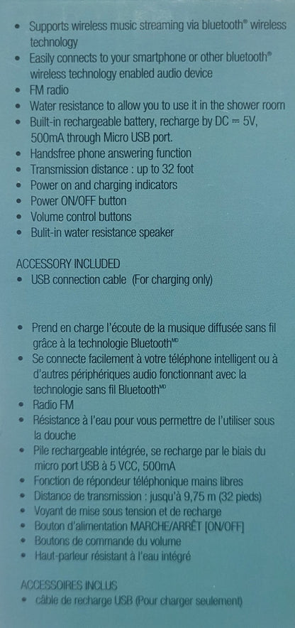 Craig Bluetooth Shower Speaker CSRI302, Music & Phone Calls while in Shower, New