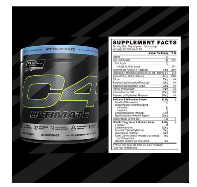 C4 Ultimate Pre-Workout Powder, Icy Blue Razz, 20 Servings for Energy Boost - NEW!
