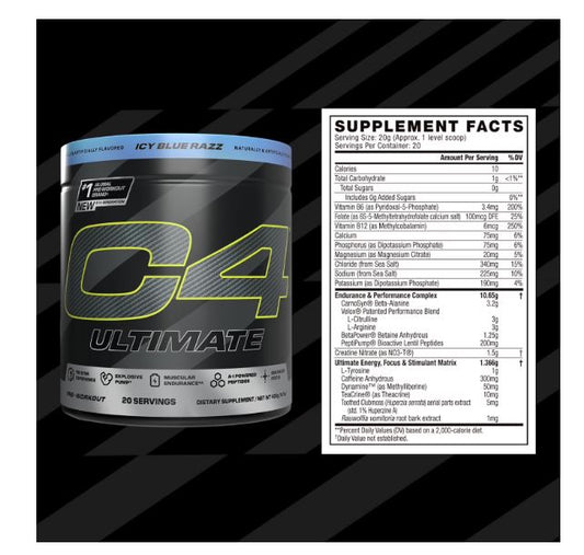 C4 Ultimate Pre-Workout Powder, Icy Blue Razz, 20 Servings for Energy Boost - NEW!