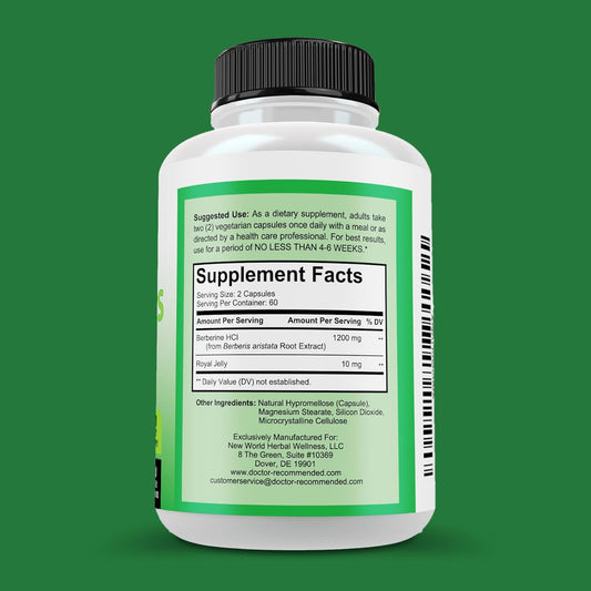 Doctor Recommended Berberine Plus 1200mg, 120 Capsules, Royal Jelly - Exp. 2/26