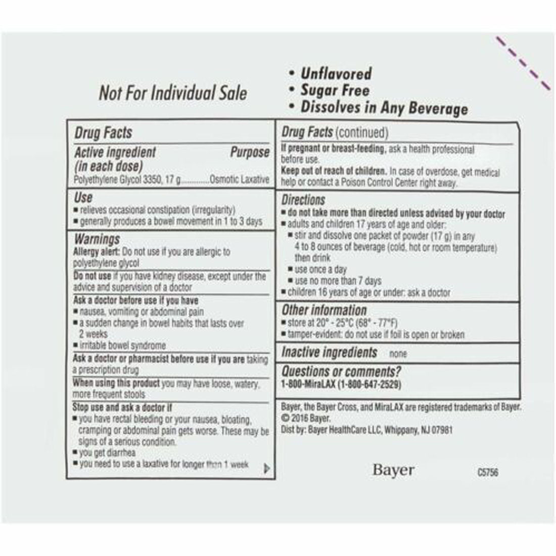 MiraLAX Unflavored Powder Laxative 20 Ct – Fast Constipation Relief, Exp. 8/27