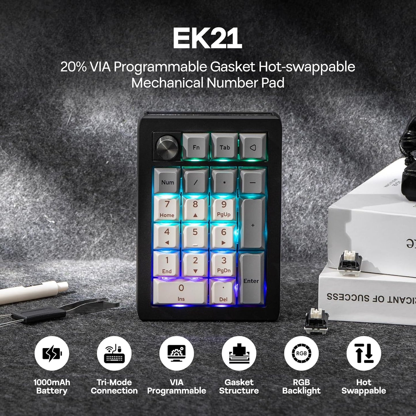 EPOMAKER EK21 VIA Gasket Programmable Keypad Wireless/BT/Wired HotSwap RGB, New!