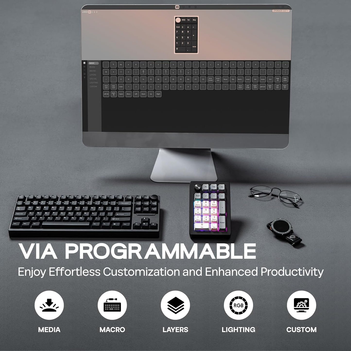 EPOMAKER EK21 VIA Gasket Programmable Keypad Wireless/BT/Wired HotSwap RGB, New!