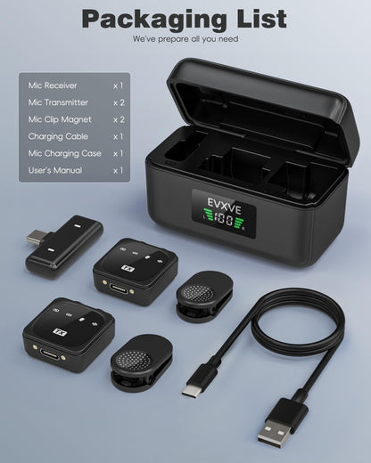 EVXVE Wireless Lavalier Microphone for iPhone, 48Khz, Noise Cancel, 98 ft, New!