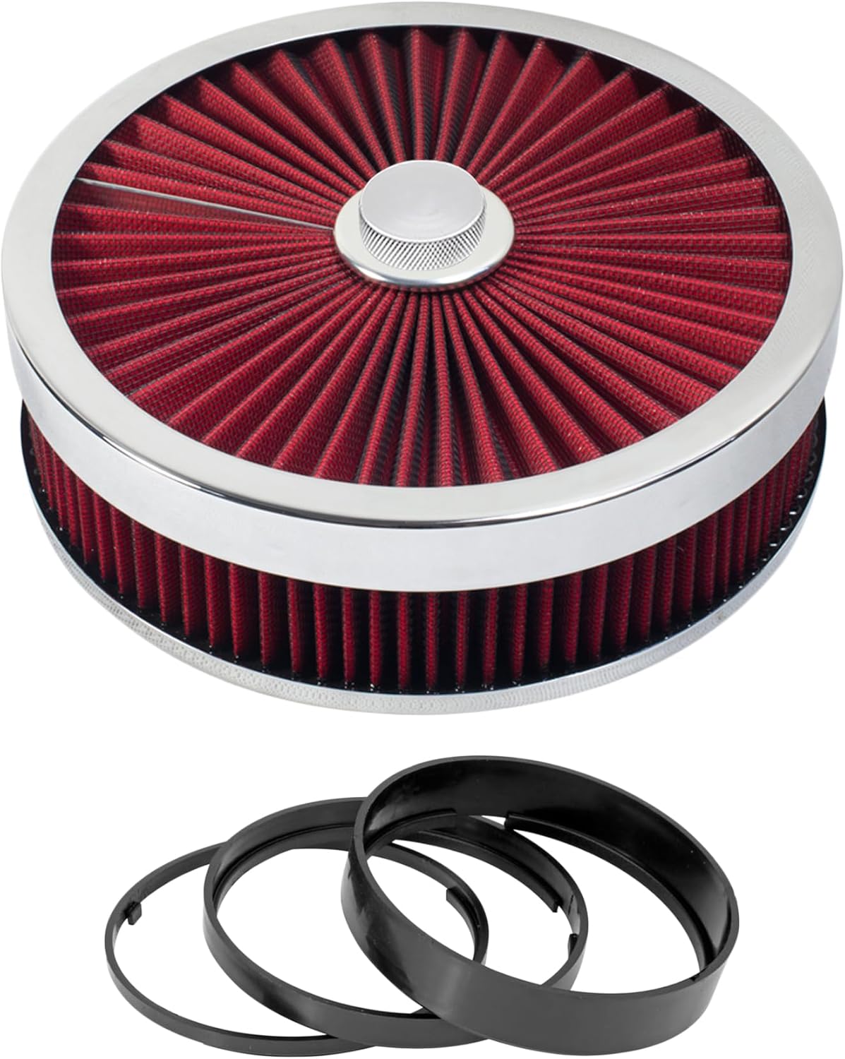 Full Flow Round 9" x 3" Air Filter Assembly Kit Red, for 4 Barrel Carburetor V8