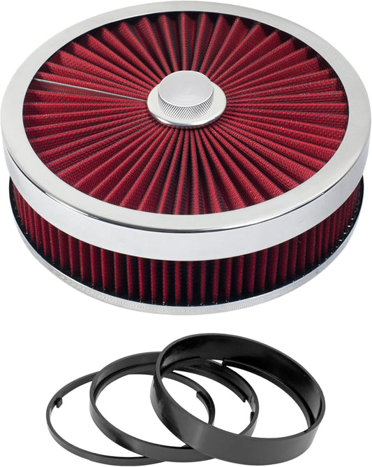Full Flow Round 9" x 3" Air Filter Assembly Kit Red, for 4 Barrel Carburetor V8