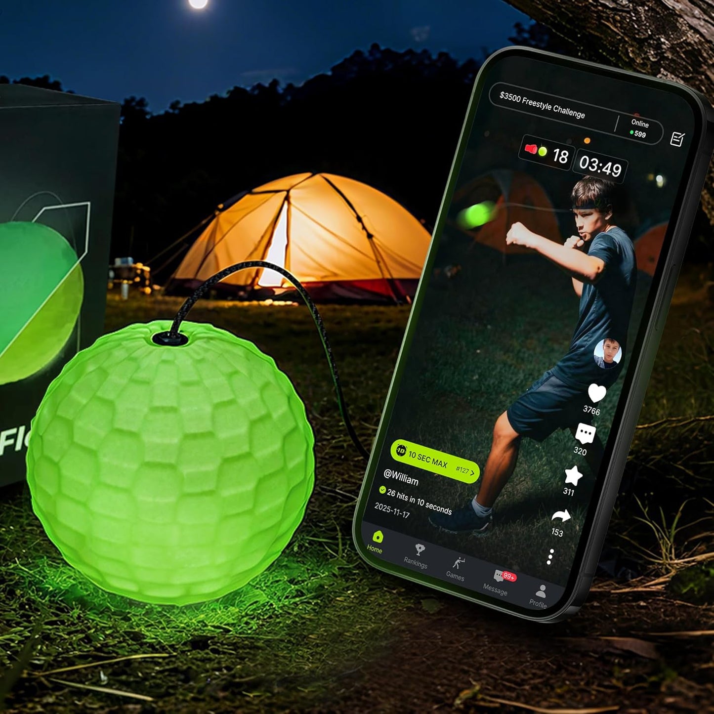 TekXYZ GlowFlex Reflex Ball w/ Counter App, Glow-in-The-Dark, Neon Yellow - New!