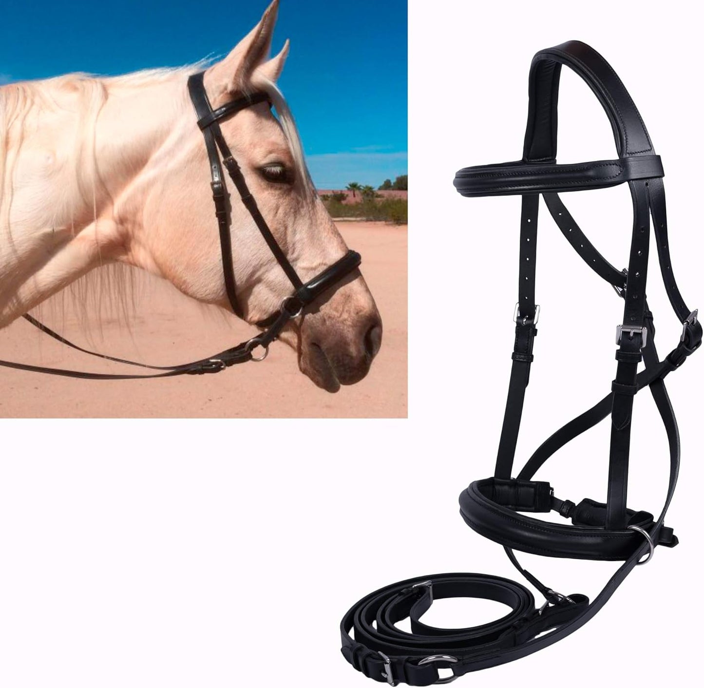 Hulara Genuine Leather Crossover Crossunder Bitless Bridle w/ Halter Reins, New!