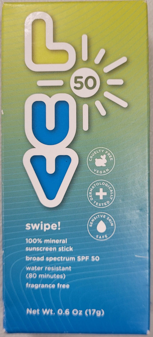 L-UV swipe! SPF 50 Mineral Sunscreen Stick, .6 oz, Trusted Protection, Exp. 6/27