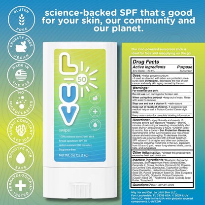 L-UV swipe! SPF 50 Mineral Sunscreen Stick, .6 oz, Trusted Protection, Exp. 6/27