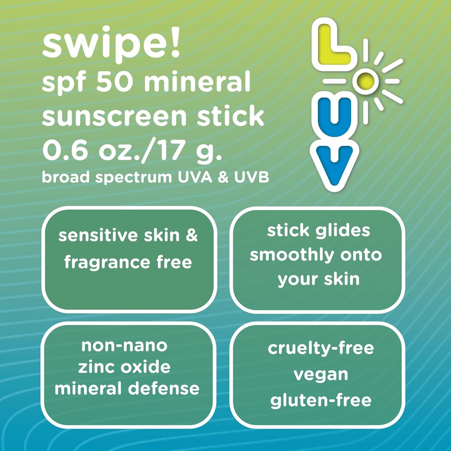 L-UV swipe! SPF 50 Mineral Sunscreen Stick, .6 oz, Trusted Protection, Exp. 6/27