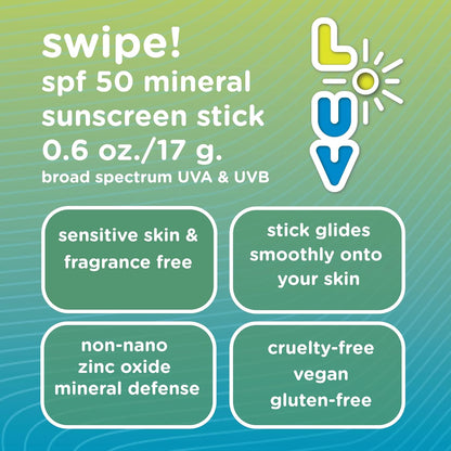 L-UV swipe! SPF 50 Mineral Sunscreen Stick, .6 oz, Trusted Protection, Exp. 6/27