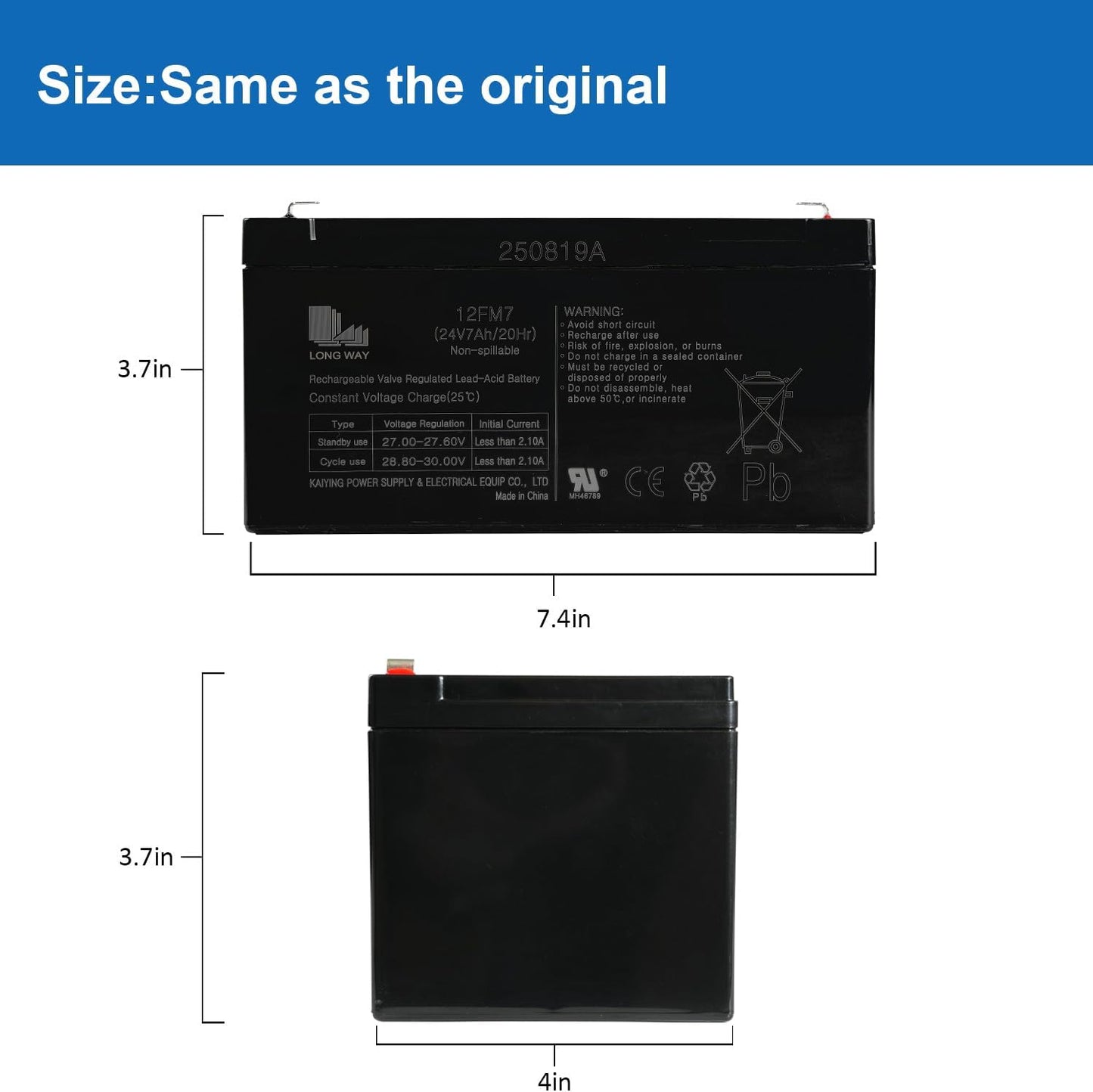Long Way General 12FM7, 24V, 7Ah, 20 Hour, Lead-Acid Battery Battery, Brand New!