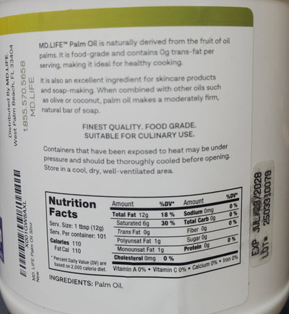 MD.LIFE Cold Pressed, Food Grade Palm Oil - 32 oz, New - Exp. 7/28