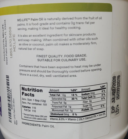 MD.LIFE Cold Pressed, Food Grade Palm Oil - 32 oz, New - Exp. 7/28