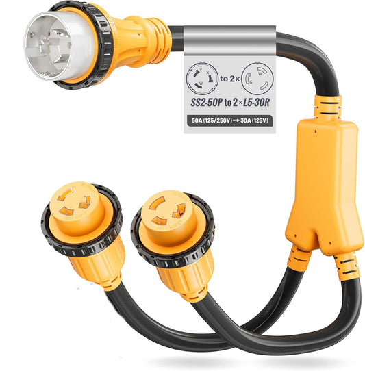 MECMO Marine Boat Y Splitter Cord, 50A Male to 2 Female w/ Locking Rings - New!