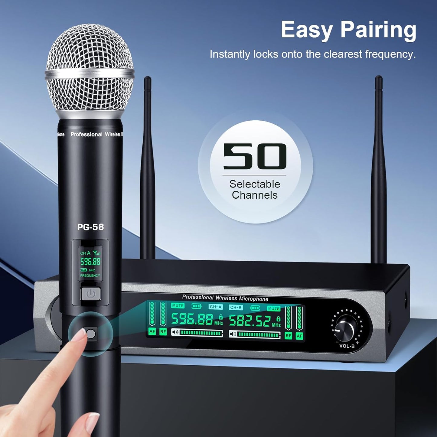 PG-58 Professional Wireless Microphone System w/ 2 Handhelds, 200 Ft. Range, New