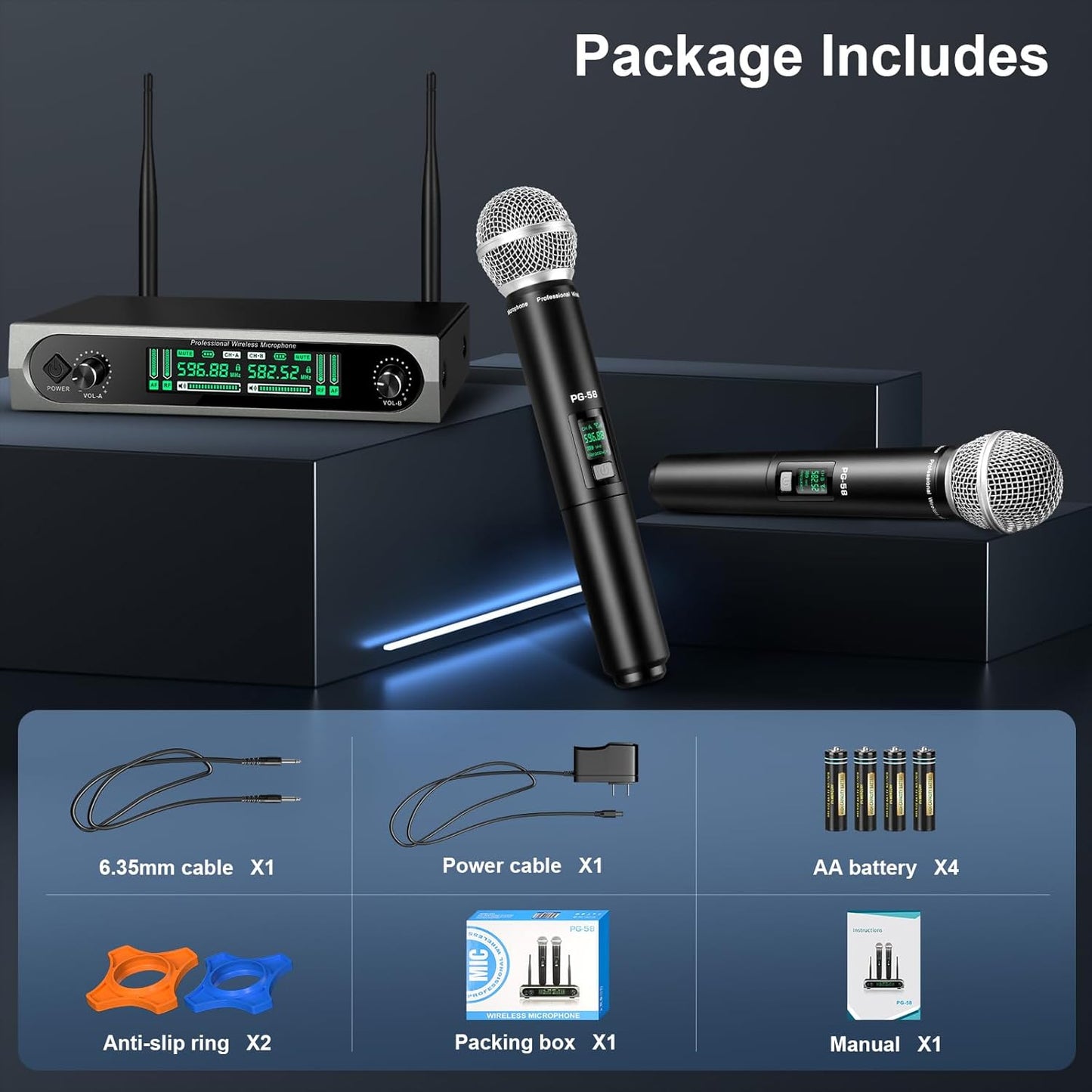 PG-58 Professional Wireless Microphone System w/ 2 Handhelds, 200 Ft. Range, New