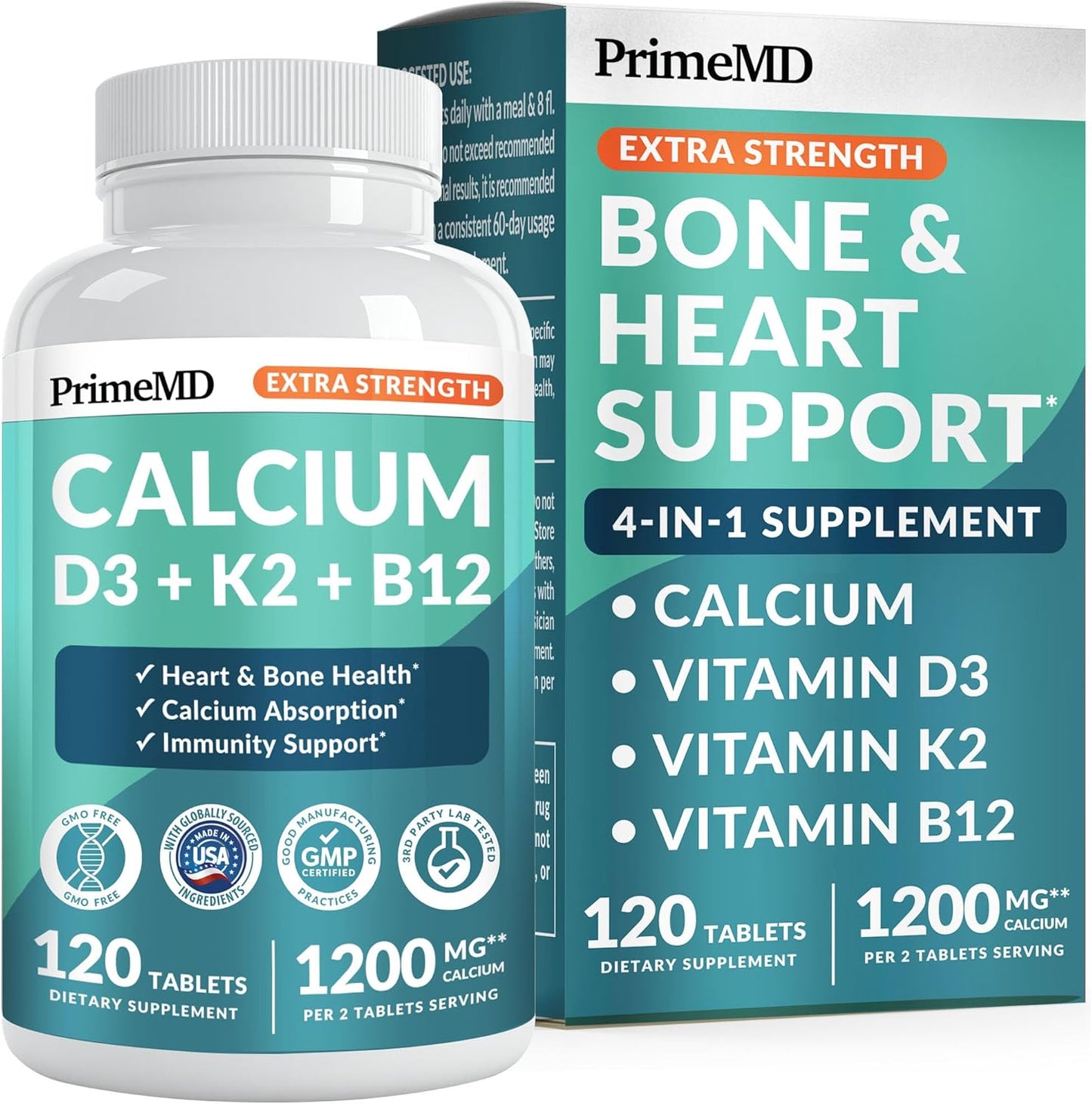 PrimeMD Extra Strength Calcium D3 + K2 + B12, 120 Tablets, 1201 mg, Exp. 6/2027
