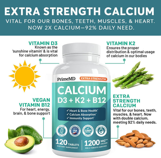 PrimeMD Extra Strength Calcium D3 + K2 + B12, 120 Tablets, 1201 mg, Exp. 6/2027